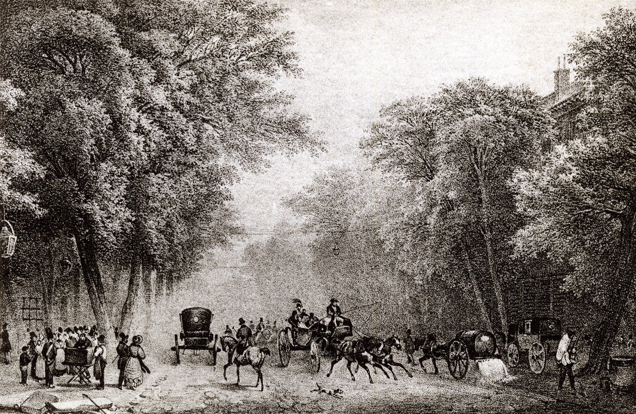 Verkeer in Parijs, Frankrijk, in de 19e eeuw, circa 1830 door French School