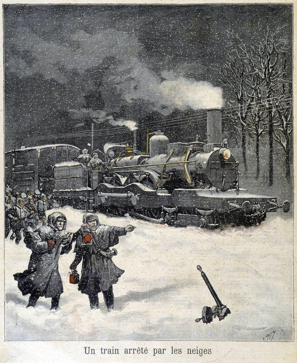 Trein gedwongen te stoppen door sneeuw. Illustratie van de krant 