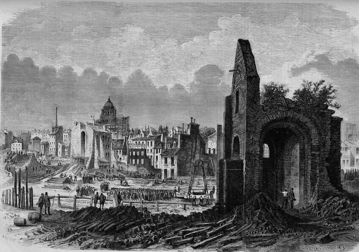 Transformaties van Parijs onder het Tweede Keizerrijk, Haussmanns Parijs: ruïnes van de kerk Saint Marcel, op het plein van de Collegiale, blootgelegd door de aanleg van de boulevard Arago door French School