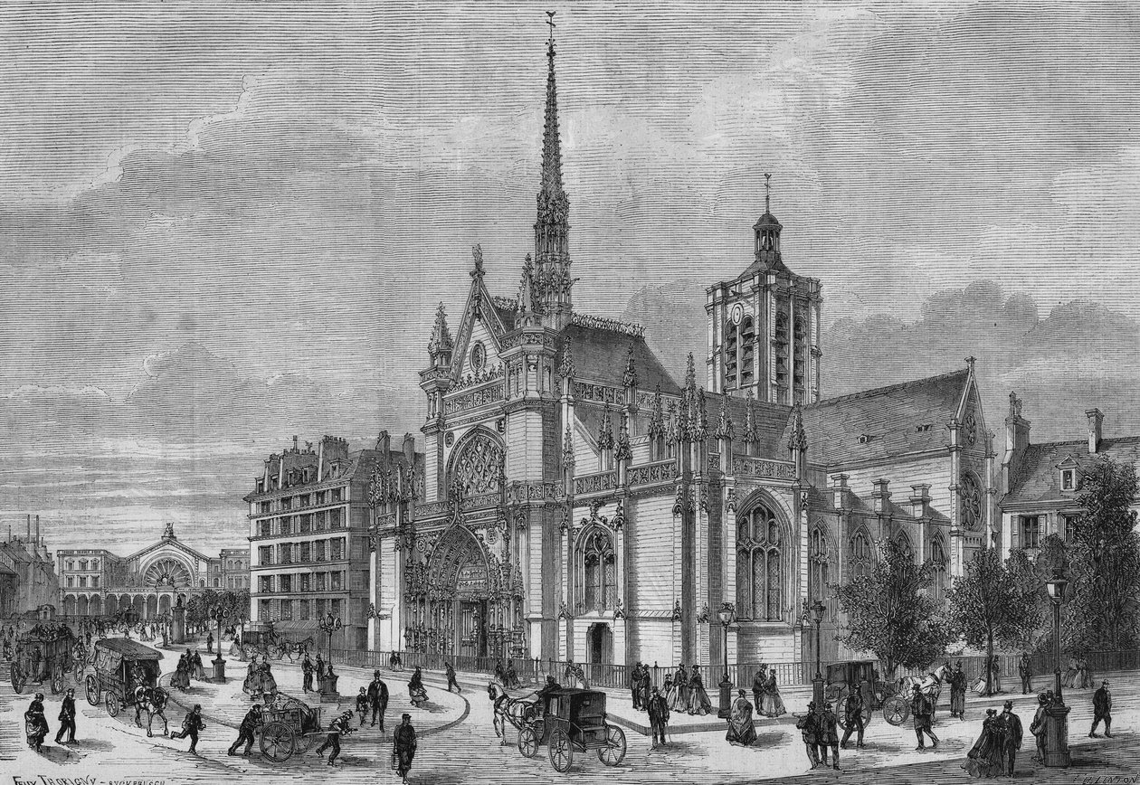 Transformaties van Parijs onder het Tweede Keizerrijk, Haussmanns Parijs: uitzicht op de nieuwe neogotische gevel van de kerk Saint Laurent, boulevard de Strasbourg, gerestaureerd door architect Simon Claude Constant Dufeux (Constant-Dufeux) (1801-1870) door French School