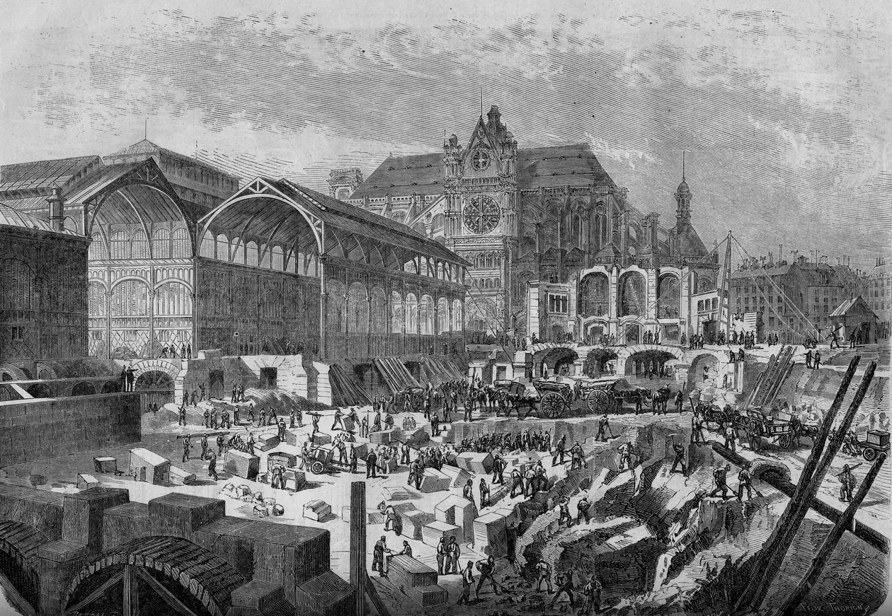 Transformaties van Parijs onder het Tweede Keizerrijk, Haussmanns Parijs: uitzicht op het nieuwe paviljoen van de centrale markthallen door French School