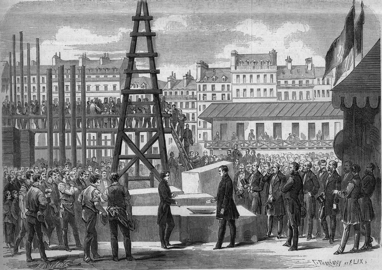 Transformaties van Parijs onder het Tweede Keizerrijk, Haussmann Parijs: installatie van de première van de Opera Garnier door de minister van Staat Joseph Alexandre Colonna (1810-1868), Graaf Walewski, in aanwezigheid van de architect Charles Garnier (182 door French School