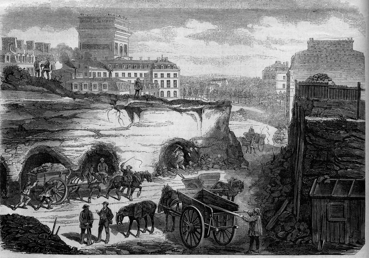 Transformaties van Parijs onder het Tweede Keizerrijk, Haussmann Parijs: doorbraak van de boulevard du Roi de Rome (vandaag, avenue de Kleber). Gravure in 