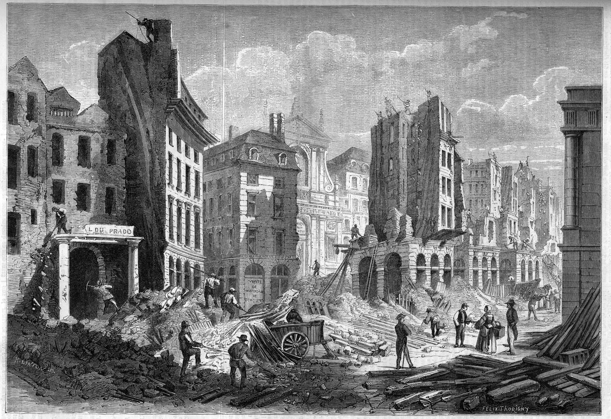 Transformaties van Parijs onder het Tweede Keizerrijk, Parijs Haussmann: sloop van Rue de la Barillerie voor het doorboren van Boulevard Sébastopol. Gravure in “Le Monde Illustré” nr. 126 van 10 september 1859 door French School