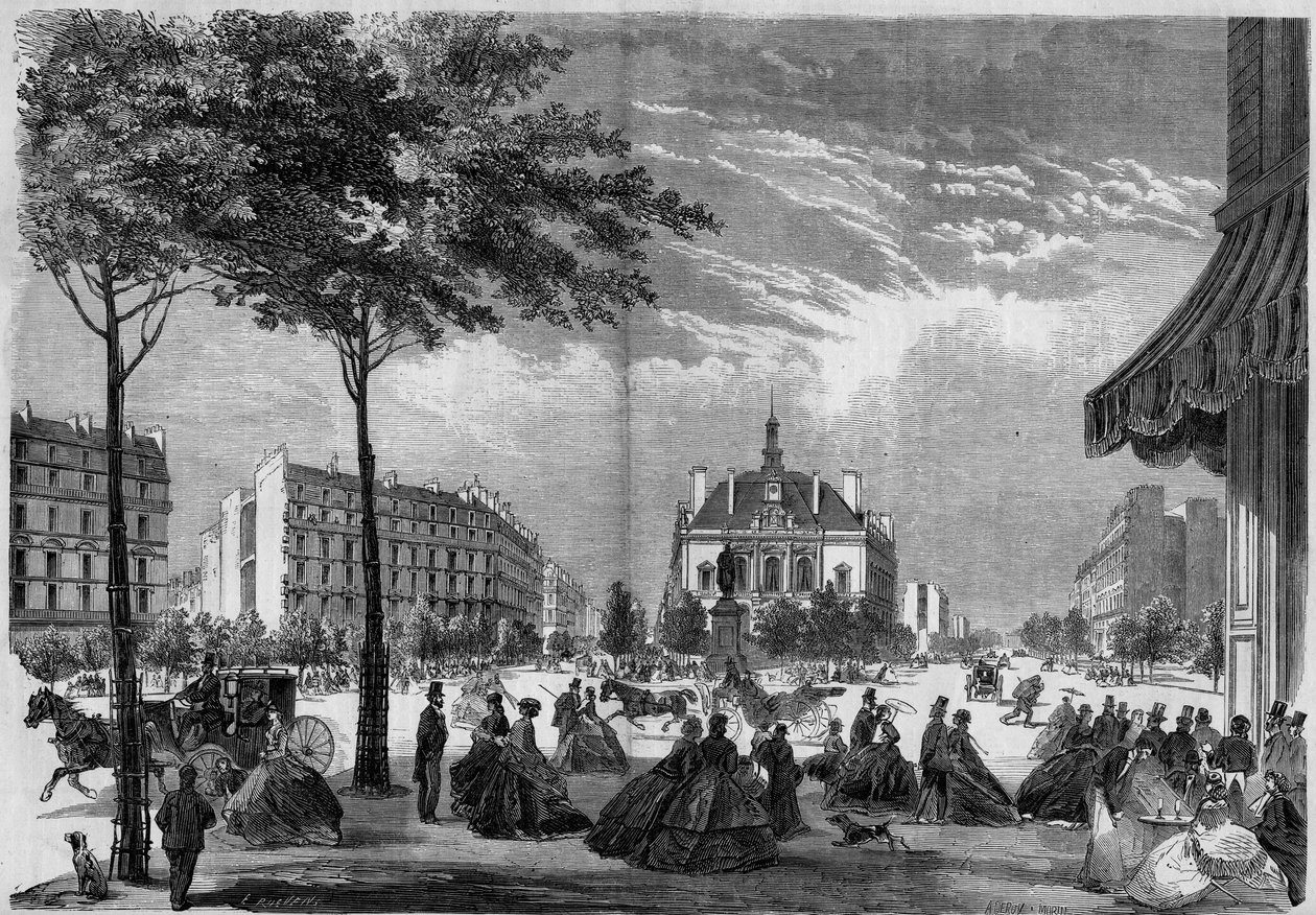 Transformaties van Parijs onder het Tweede Keizerrijk, Parijs Haussmann: het nieuwe stadhuis van het XI arrondissement in Parijs. (Je kunt de Boulevard Voltaire en de Avenue Parmentier zien). Gravure uit 1865 door French School