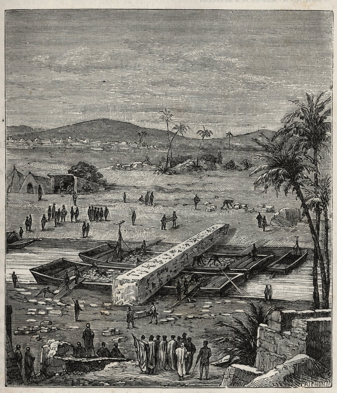 Transport van de obelisk van Ptolemee Philadelph (Ptolemaios Philadelphos) (Ptolemee II) op de Nijl naar Alexandrië - Gravure in "Wetenschappen beschikbaar voor iedereen - Populaire natuurkunde en scheikunde" door Alexis Clerc - Eind 19e eeuw - Privécollec door French School