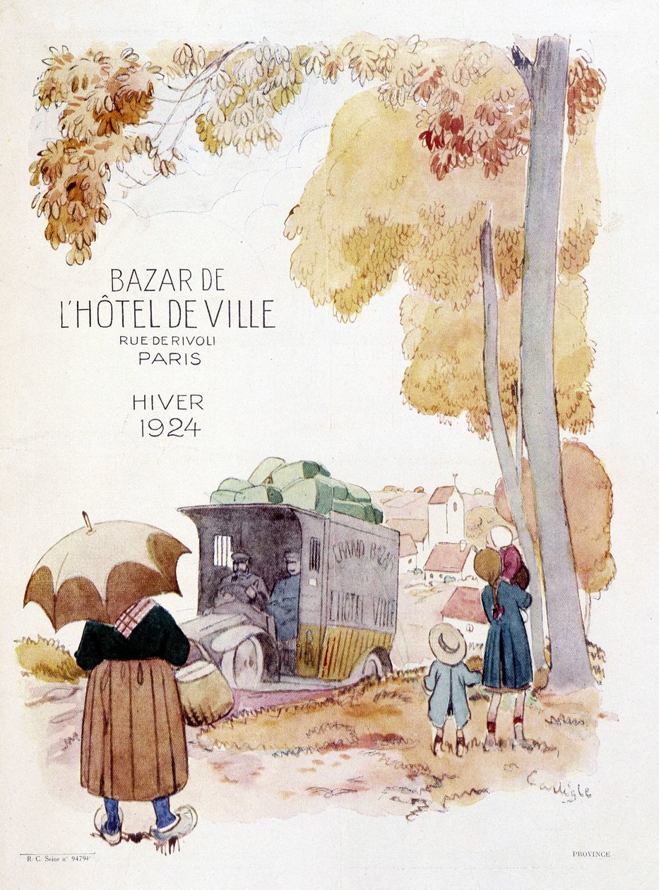 Reizende kooplieden op het platteland. Reclameposter uit 1924 voor de Bazar de l