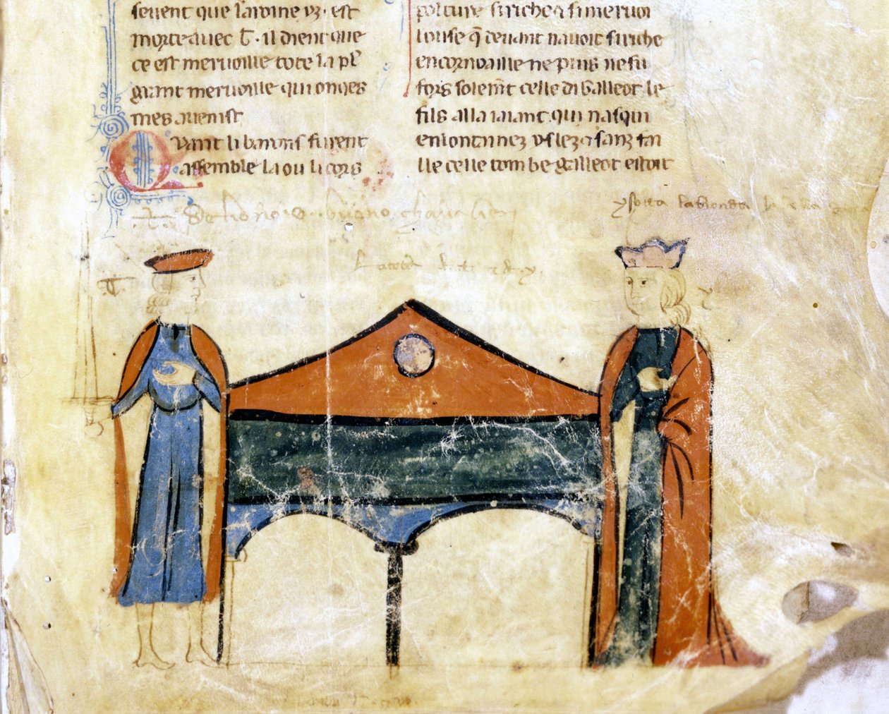 Tristan en Isolde. Miniatuur van een 14e-eeuws Frans manuscript. Bibl. Marciana, Venetië. door French School