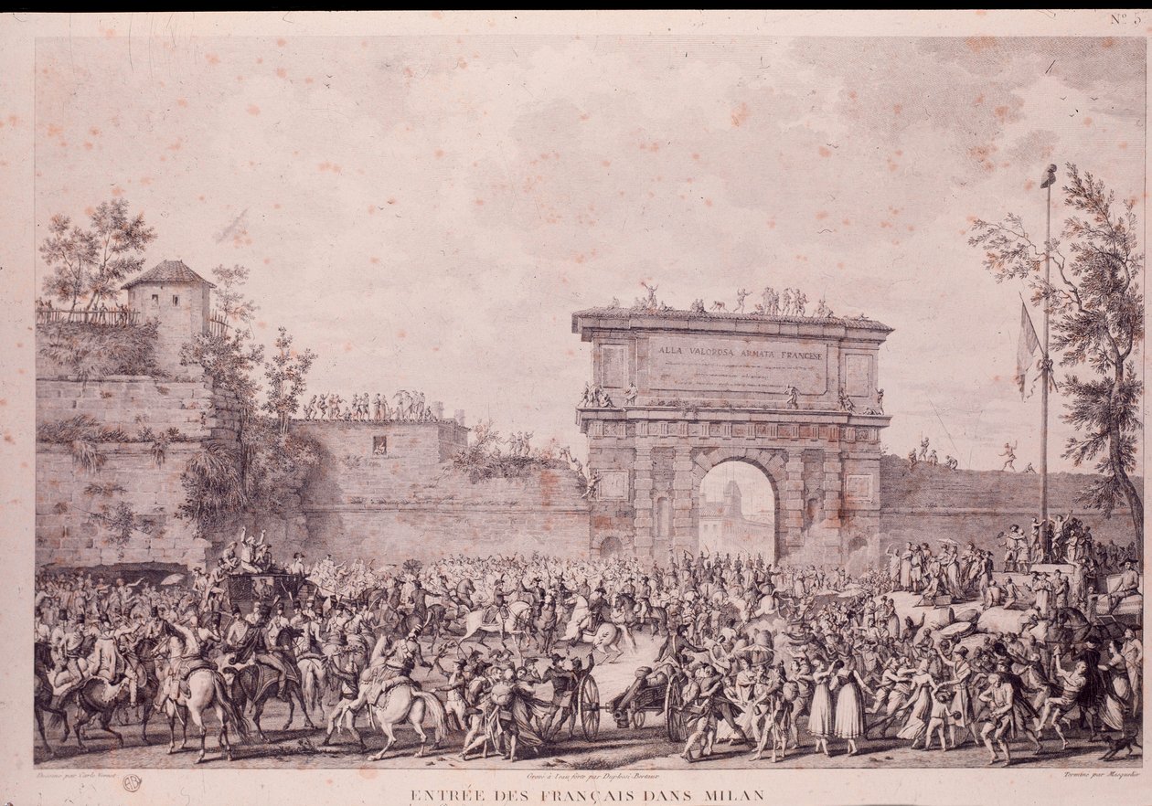 Triomfantelijke intocht van de Franse troepen onder Napoleon Bonaparte in Milaan, 15 mei door French School