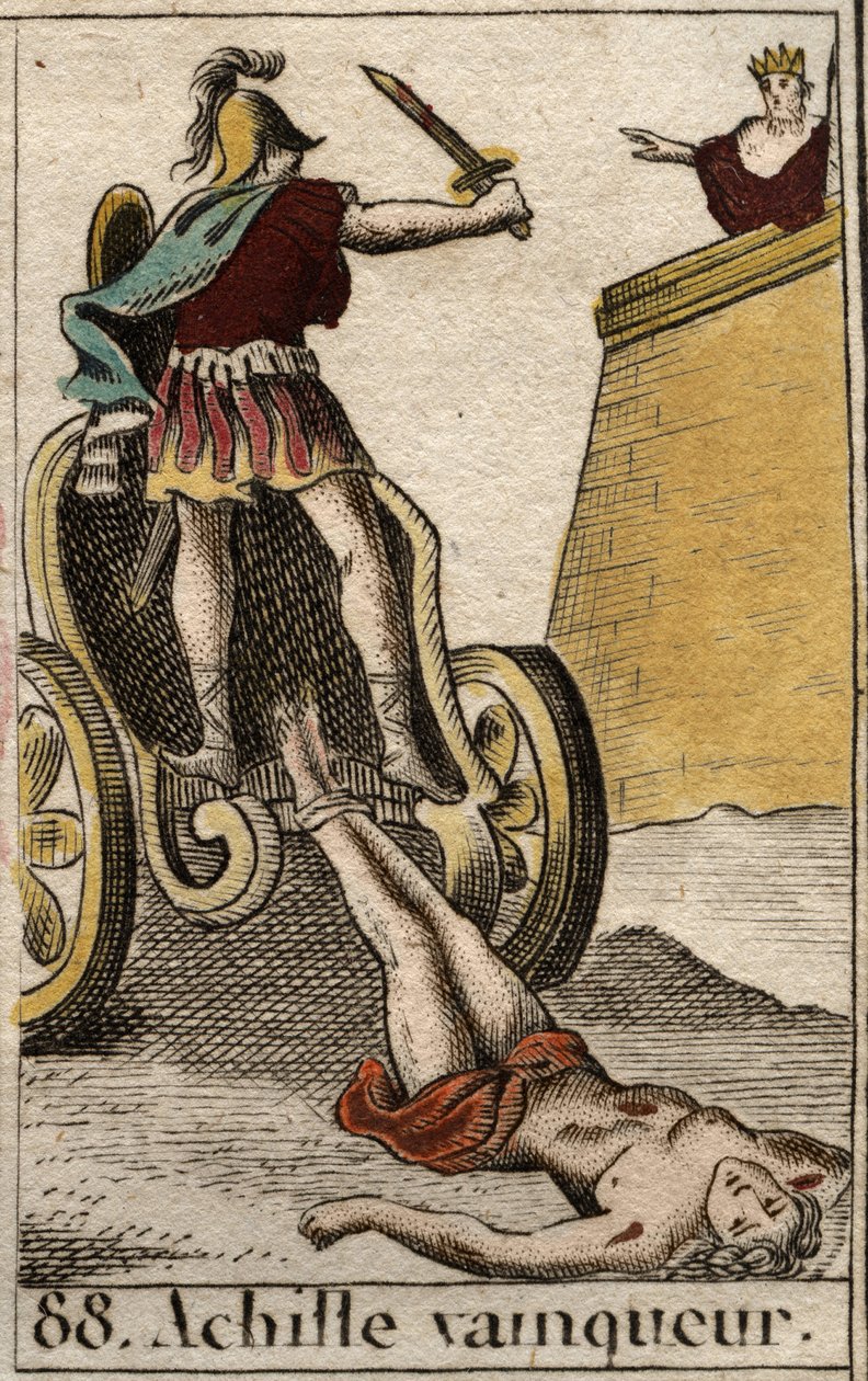Trojaanse oorlog: Triomfantelijke Achilles sleept het levenloze lichaam van Hector voor de poorten van Troje. Uit 