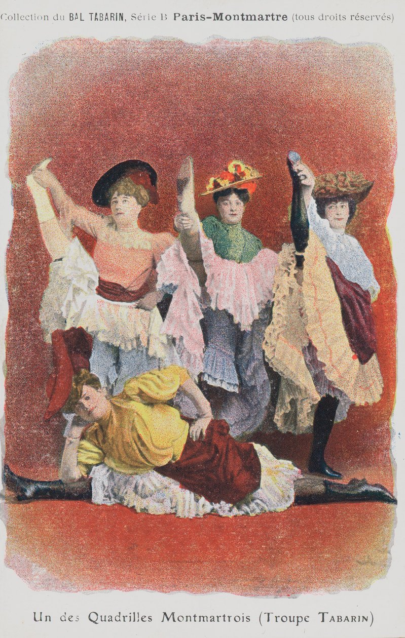 Troupe Tabarin dansers bij het Bal Tabarin (kleurenlitho) door French School