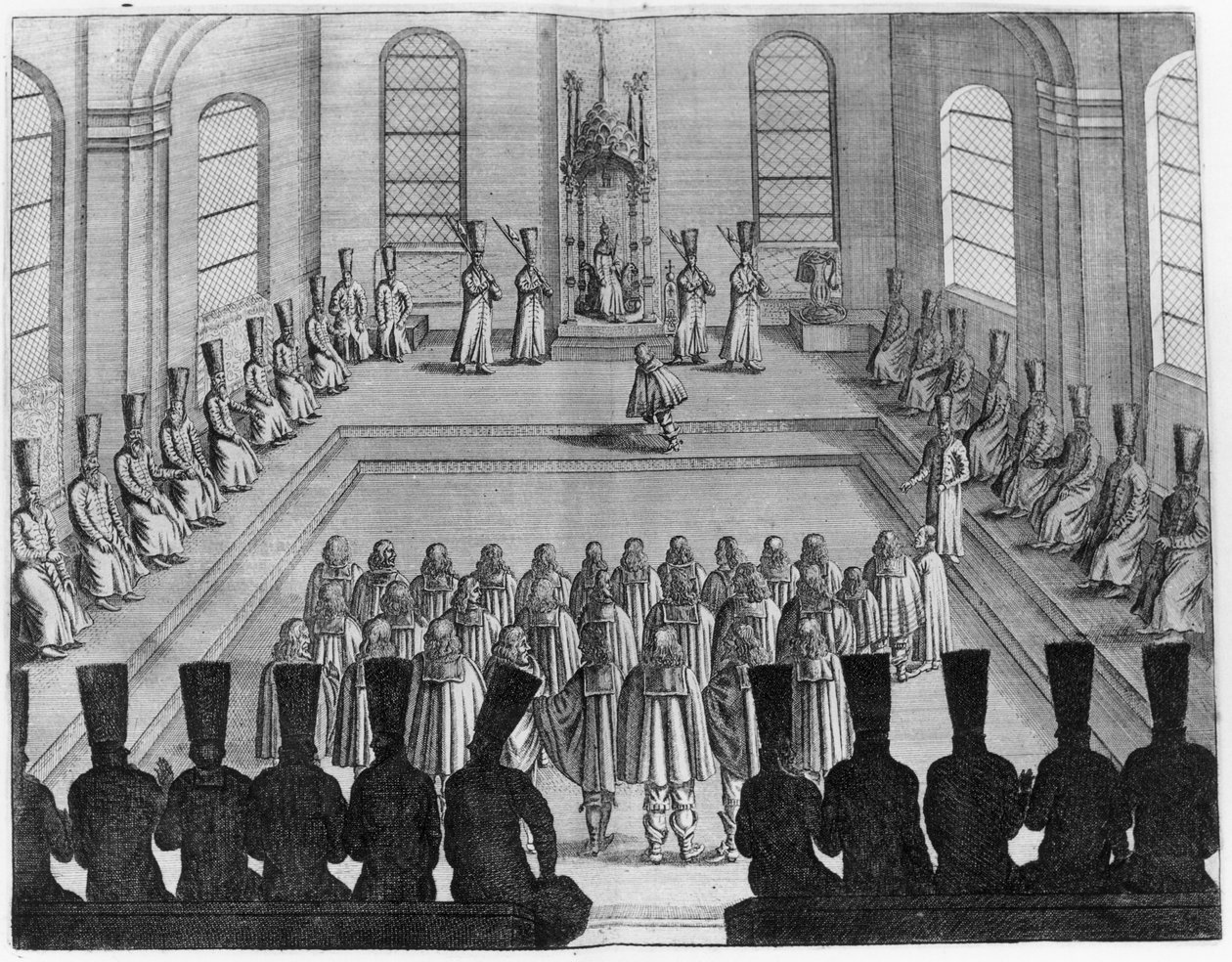 Tsaar Alexei I Mikhailovich (1629-76) ontvangt een ambassade uit het Westen, uit deel I van Zeer nieuwsgierige en zeer beroemde reizen gemaakt in Muscovy, Tartary en Perzië door Adam Olearius, vertaald door Wicq door French School