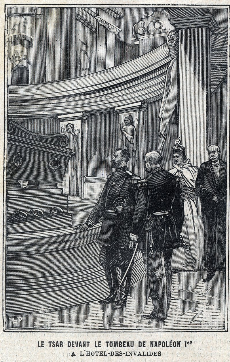 Tsaar Nicolaas II van Rusland en Tsarina Alexandra Fiodorovna Romanova voor het graf van Napoleon I Bonaparte in het Hotel des Invalides in Parijs, in "Le Petit Parisien" door French School