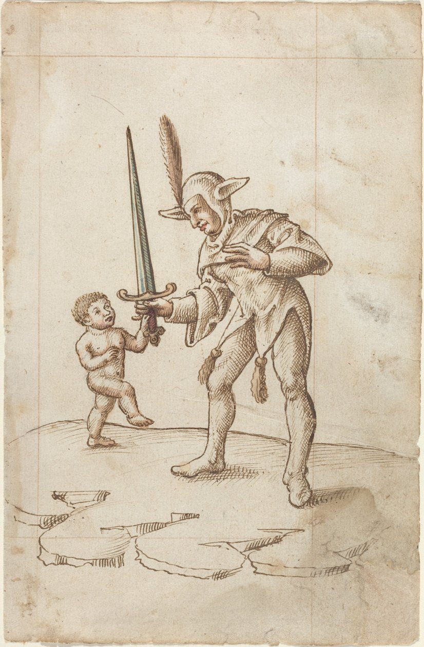 Keer het scherpe zwaard de rug toe [fol. 44 recto], ca. 1512-1515 (pen en bruine inkt met aquarel op geschept papier) door French School
