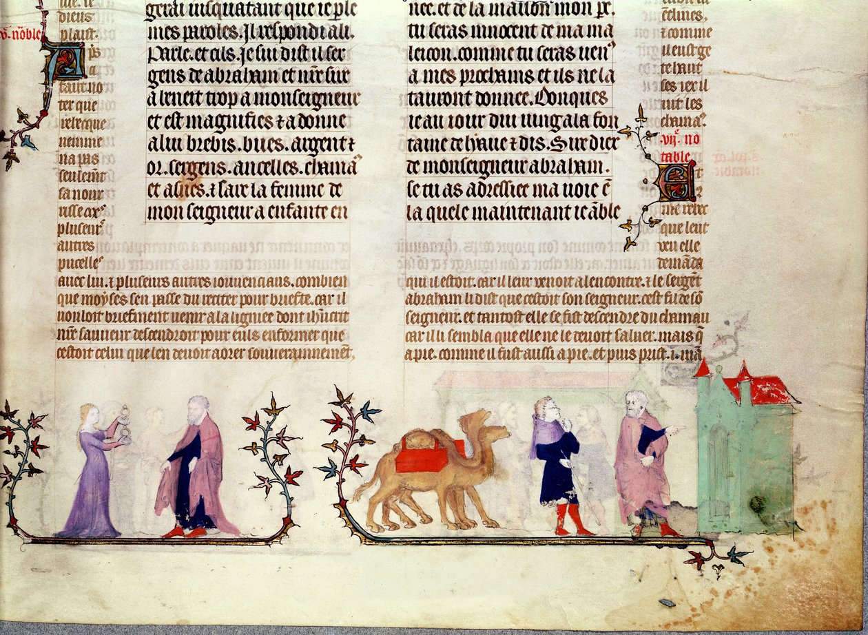 Twee scènes uit het verhaal van Rebecca bij de bron, uit De Bijbel van Jean de Sy, ca.1355 door French School