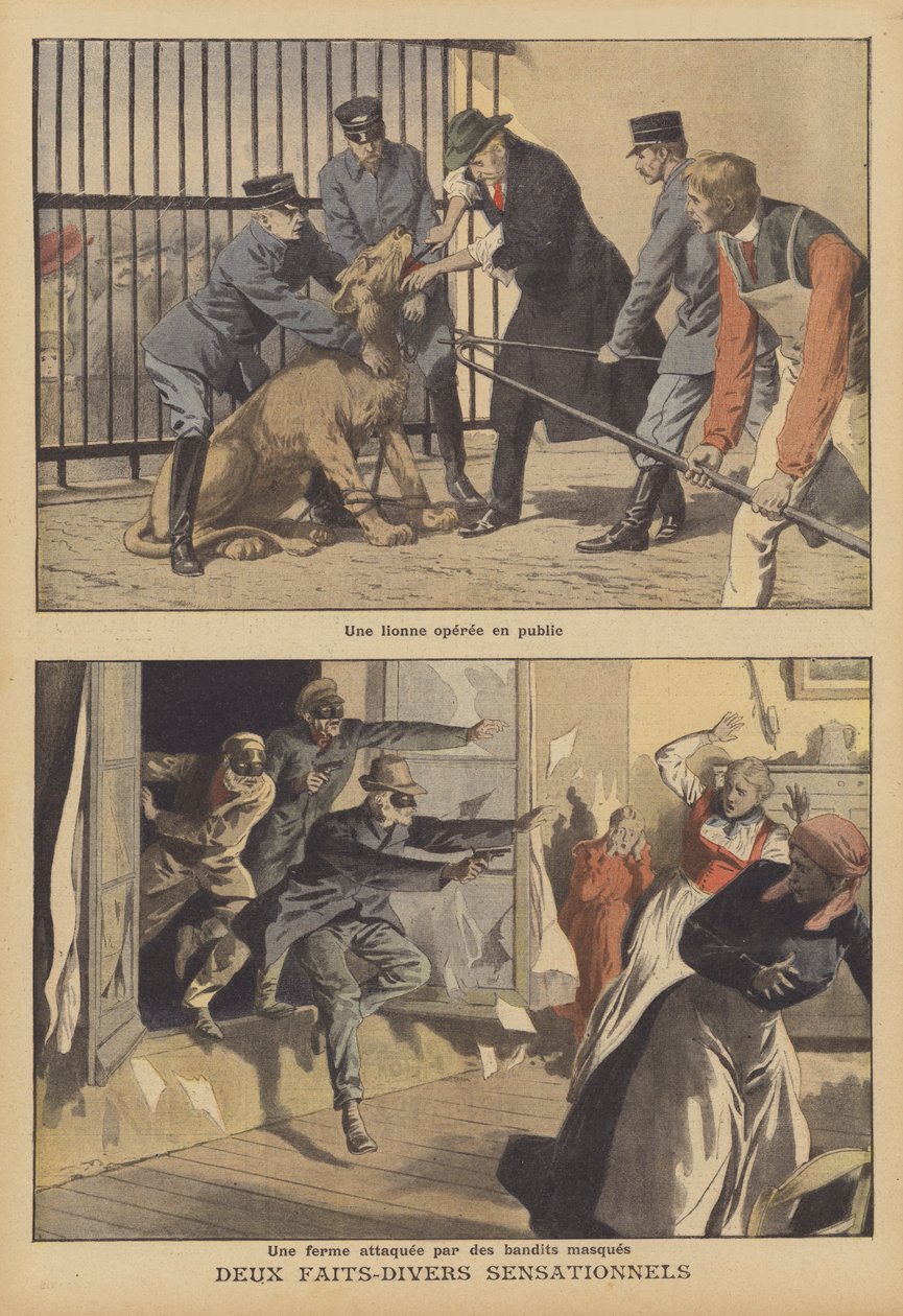 Twee sensationele nieuwsberichten (kleurenlitho) door French School