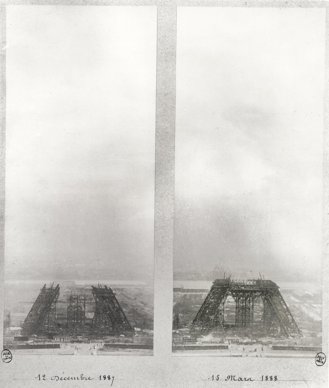 Twee uitzichten op de bouw van de Eiffeltoren, Parijs, 12 december 1887 en 15 maart 1888 door French School
