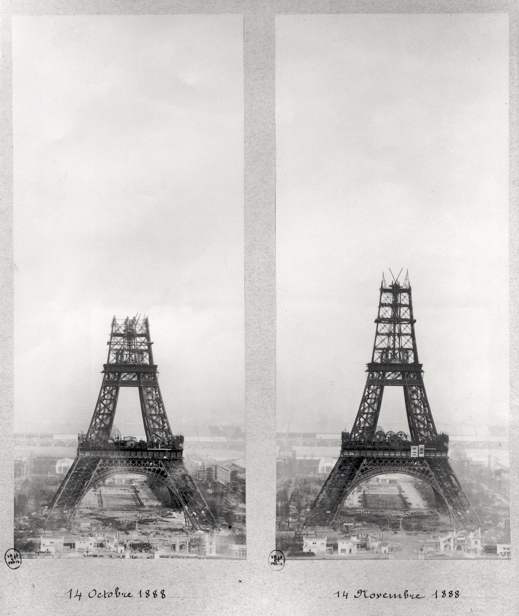 Twee uitzichten op de bouw van de Eiffeltoren, Parijs, 14 oktober en 14 november 1888 door French School