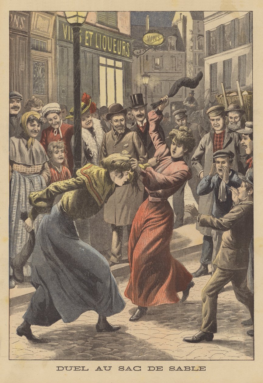 Twee vechtende vrouwen met kousen gevuld met zand (kleurenlitho) door French School