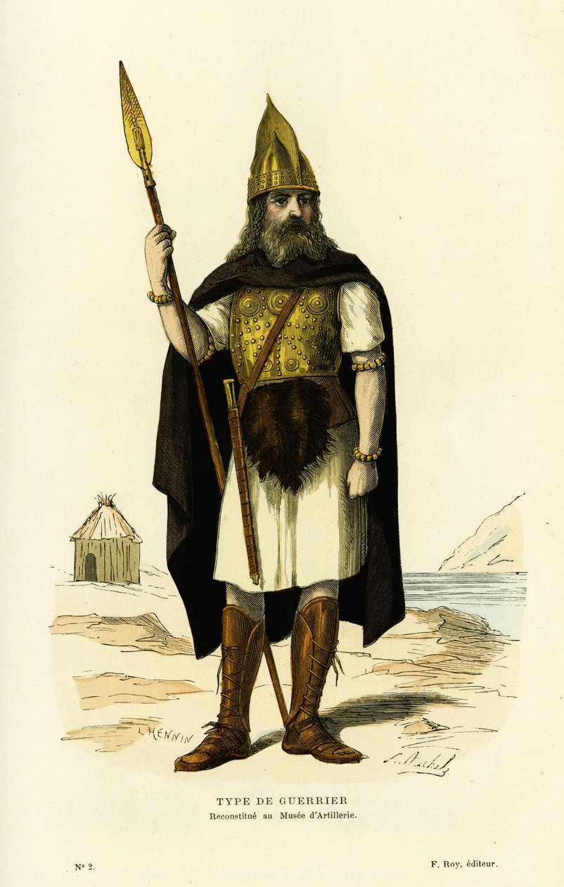 Type Gallische krijger, met speer en nydam zwaard. Kleuren gravure naar de tekening van L. Hennin, in 