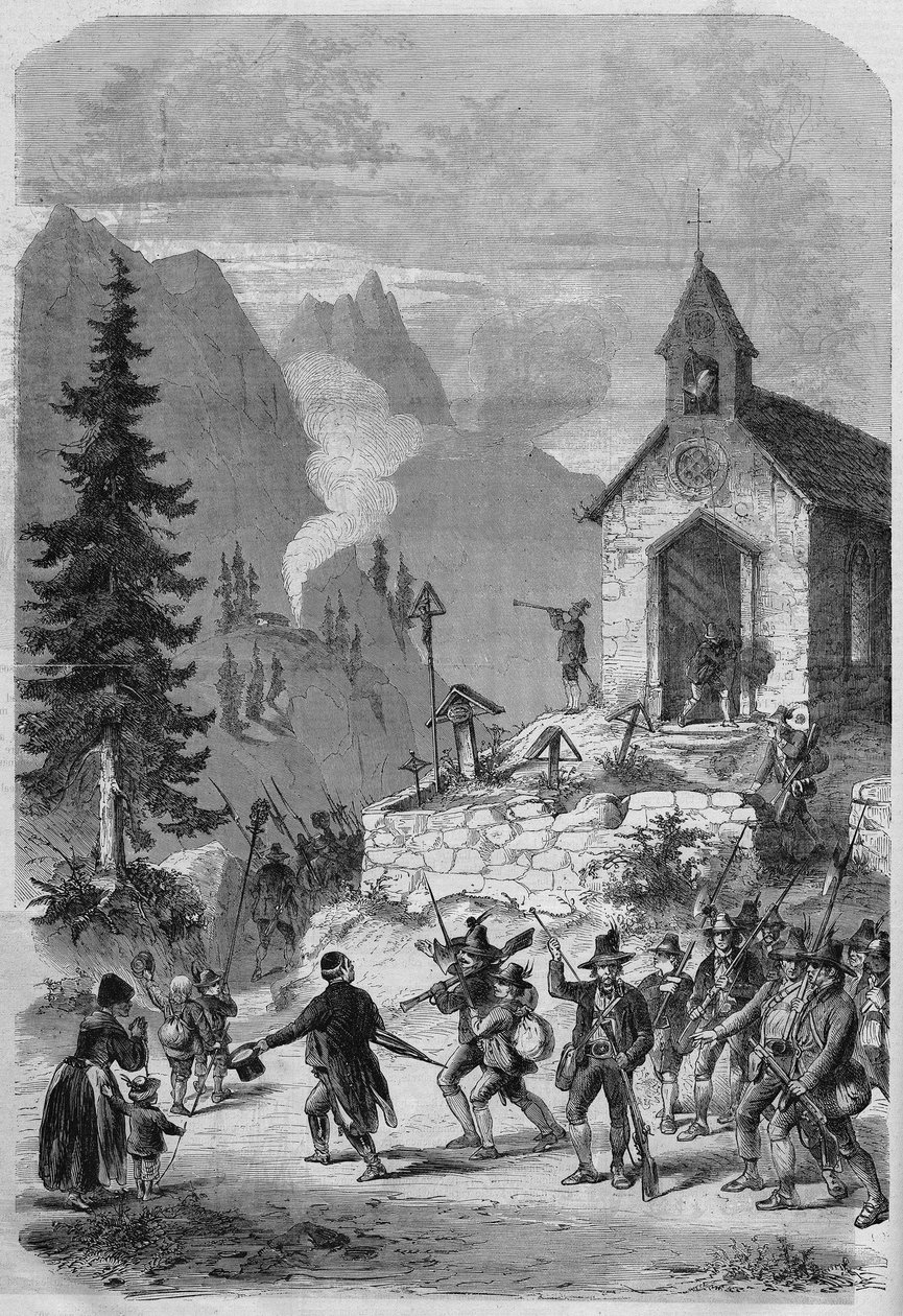 Tirol, scène van de terugkeer van de Tiroler troepen van het Oostenrijkse leger, in oktober 1866. Gravure. door French School