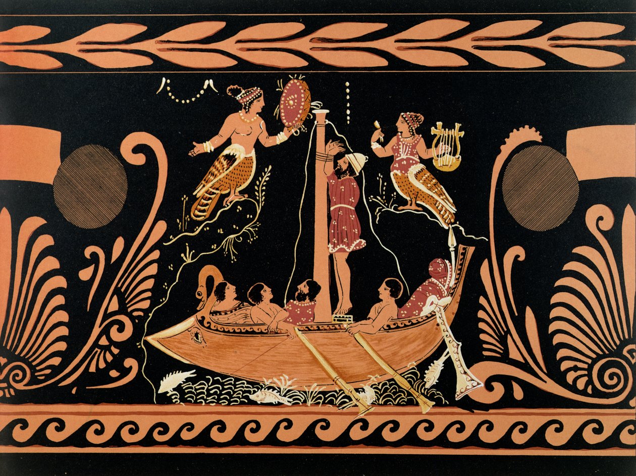 Ulysses en de Sirenen, illustratie van een antieke Griekse vaas door French School
