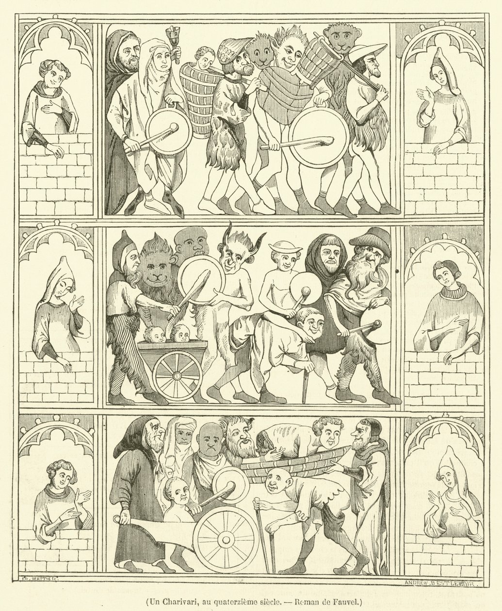 Un Charivari, au quatorzieme siecle, Roman de Fauvel (gravure) door French School