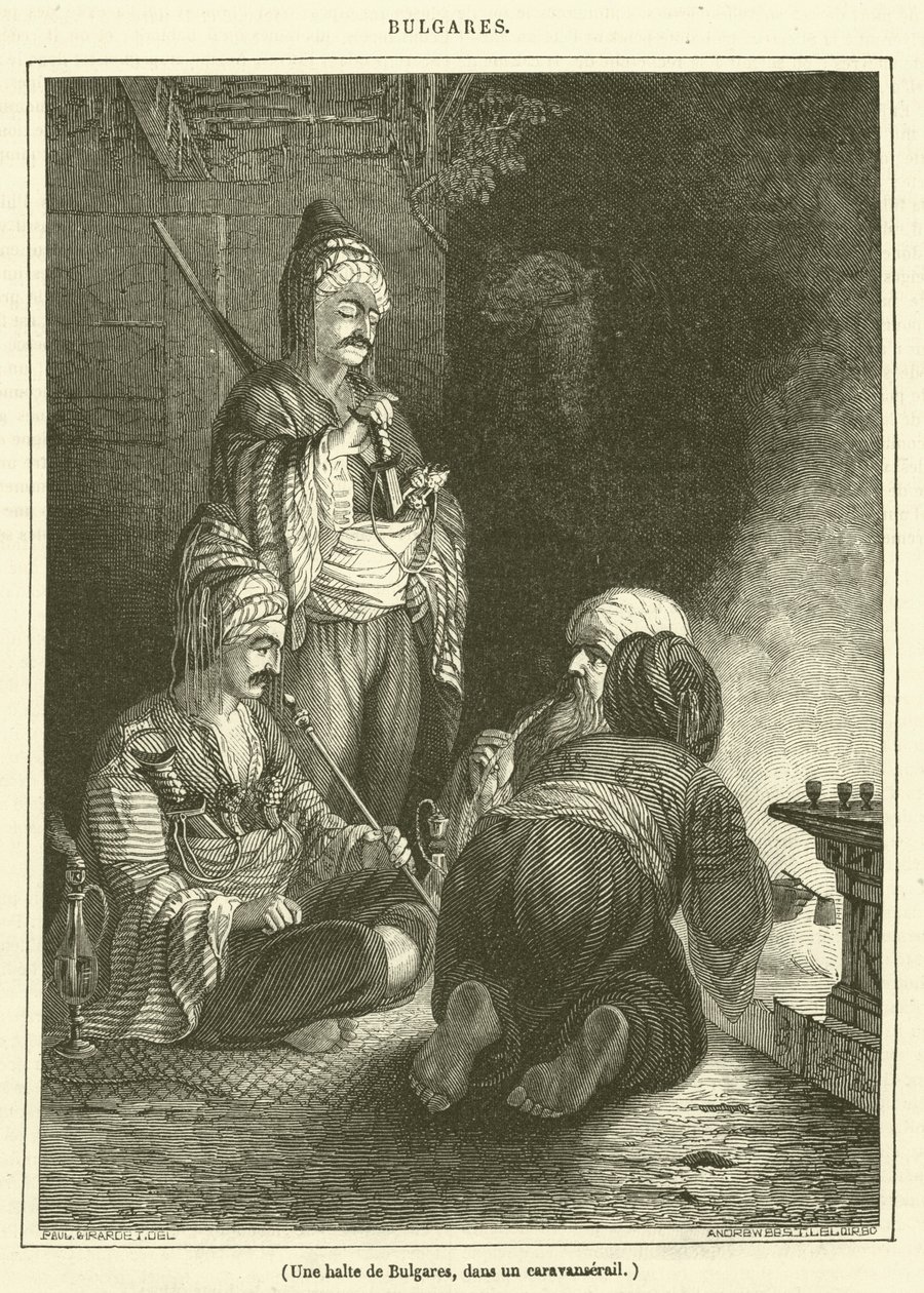 Bulgaren stoppen in een karavanserail (gravure) door French School