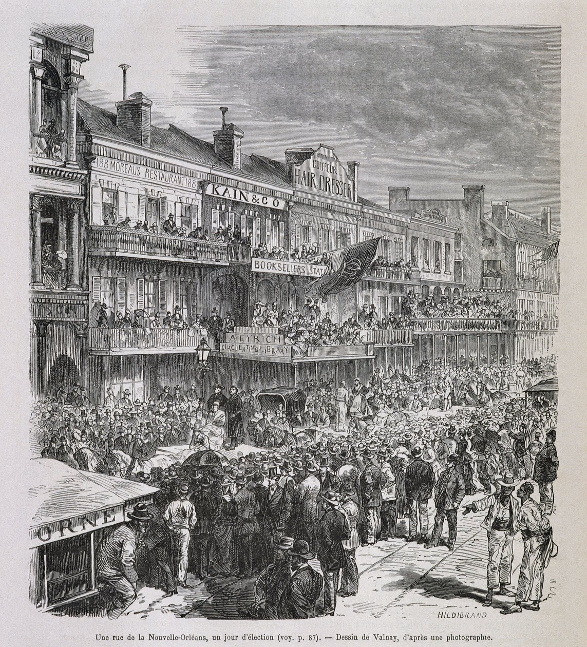 Een straat in New Orleans op verkiezingsdag 1875 - in "Le Tour du Monde", 2e semester 1876 door French School