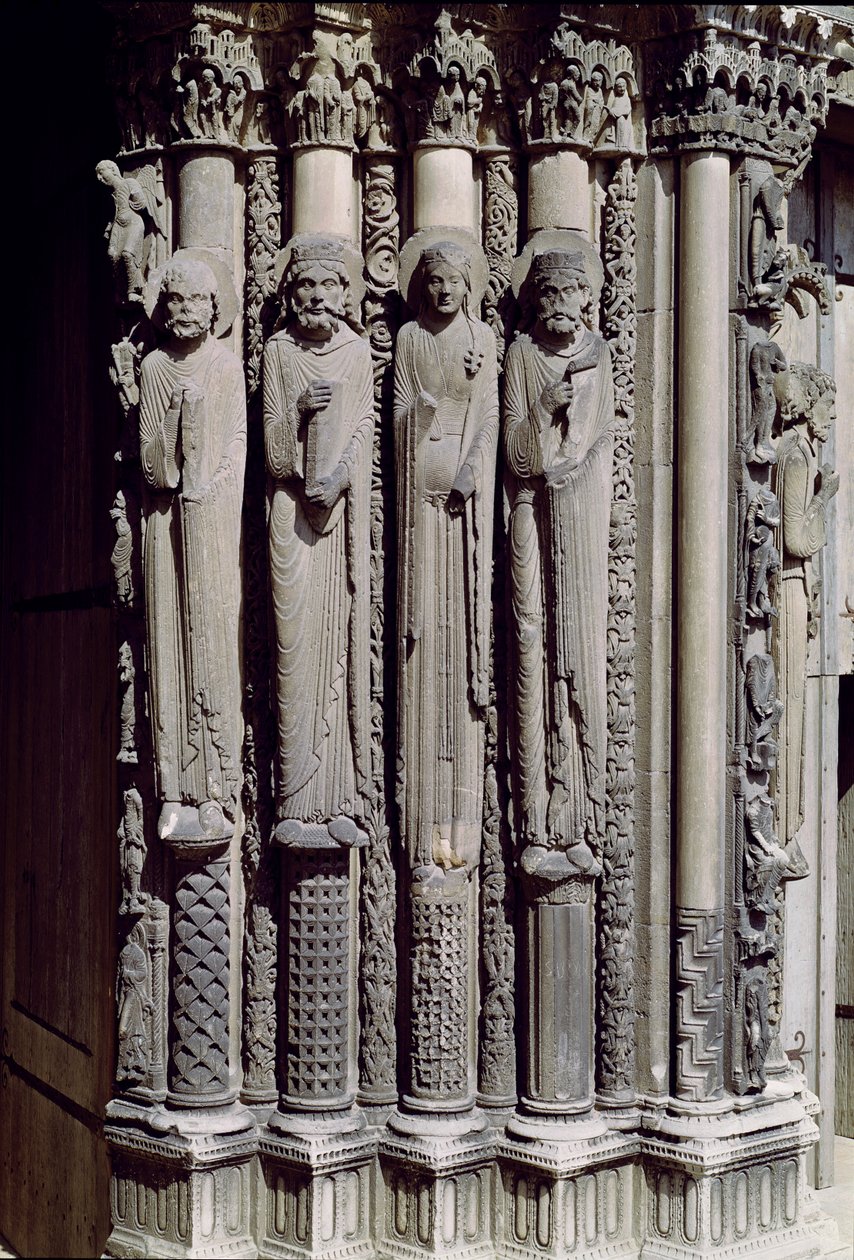 Onbekende figuur, koning Salomo, de koningin van Sheba en koning David, jambfiguren van het Koninklijk Portaal, 1140-55 door French School