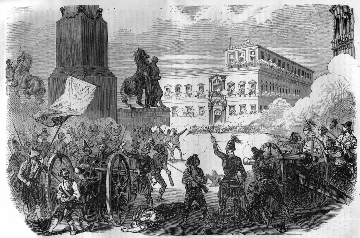 Opstand in Bologna: omverwerping van de pauselijke regering onder Gregorius XVI Paus van 1831 tot 1846. Gravure in 