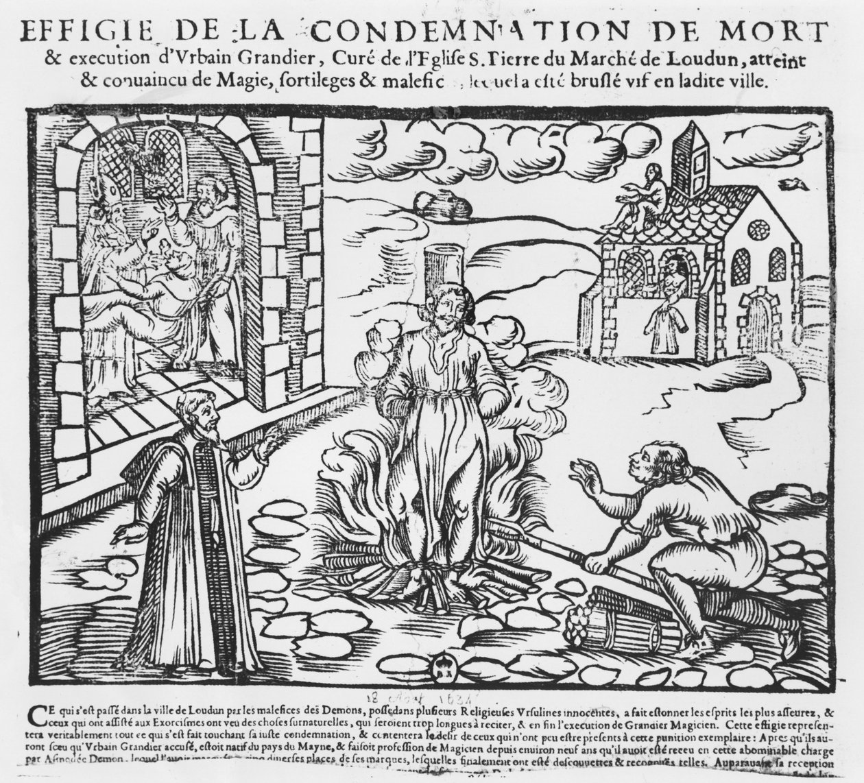 Urbain Grandier verbrand op de brandstapel na de gebeurtenissen van de bezetenheid van Loudun, 1634 door French School