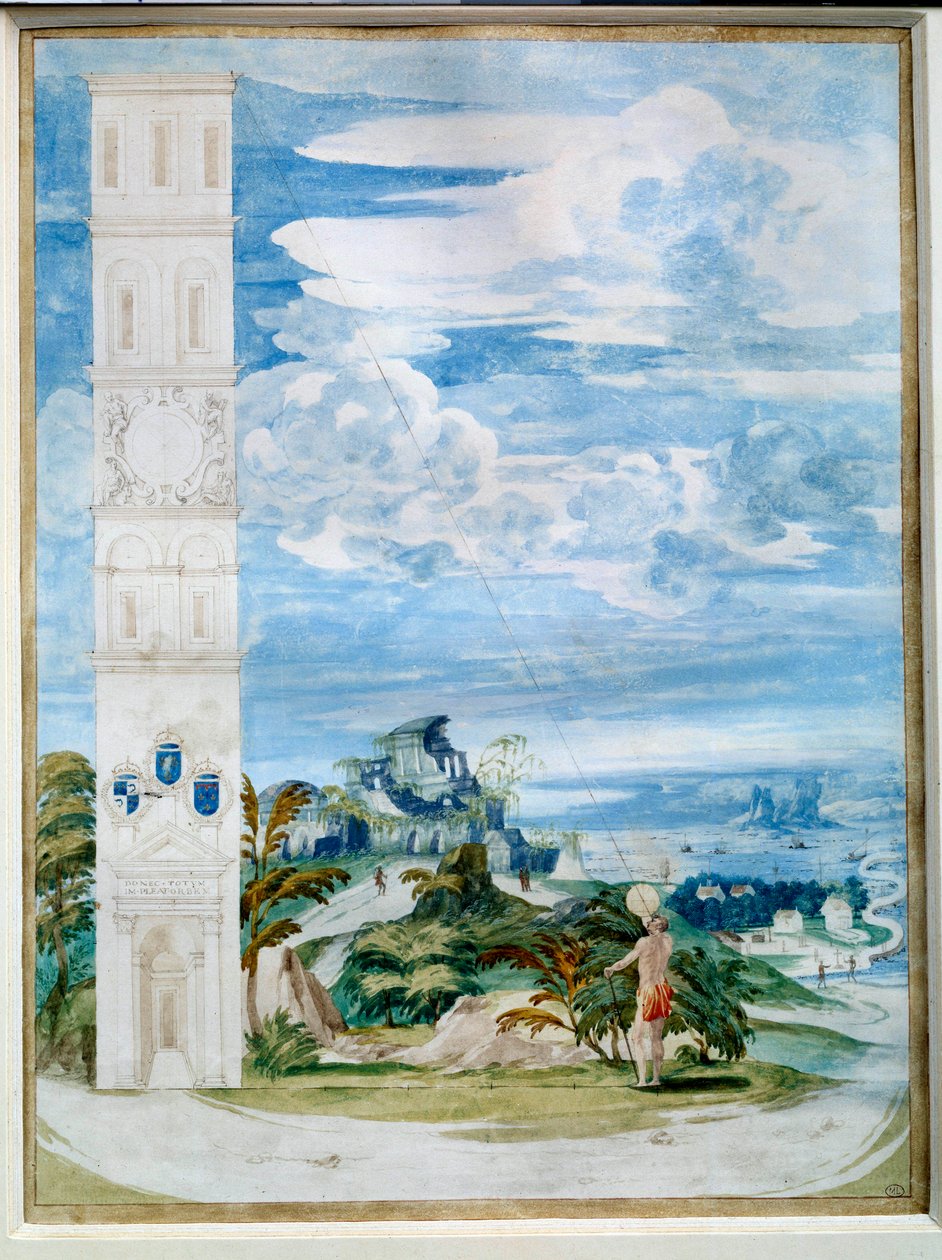 Gebruik van astrolabium, astronomisch instrument: gericht op de zon. Aquarel van de Franse school uit de 16e eeuw. 0,48x0,35 m. Parijs, Louvre Museum door French School