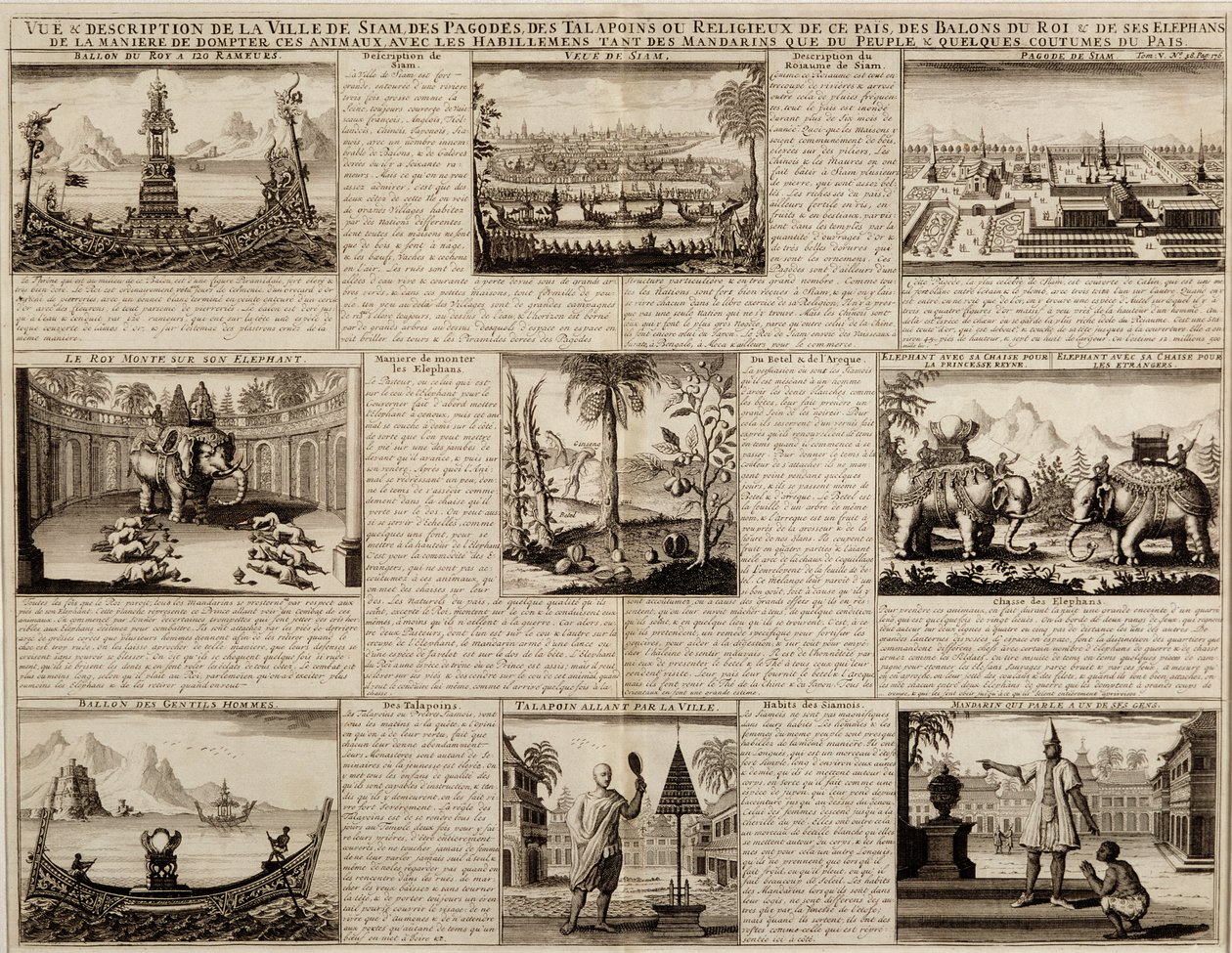 Verschillende uitzichten op Siam en Ayutthaya, uit Du Royaume de Siam door Simon de la Loubere, gepubliceerd in 1688 door French School