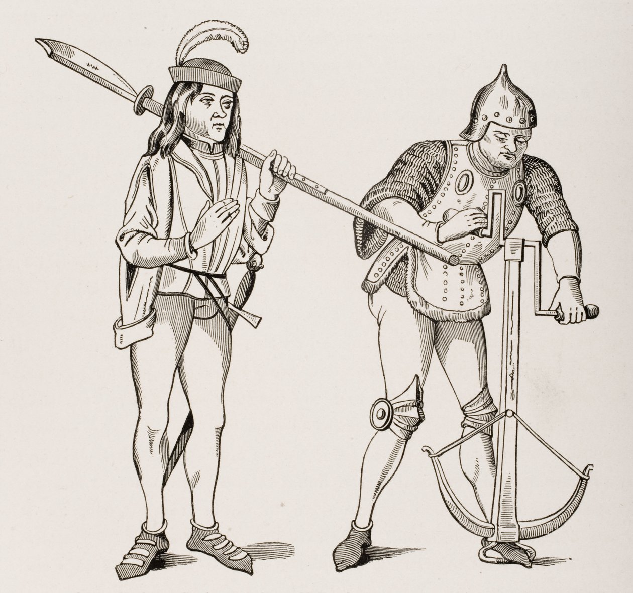 Knecht of schildknaap met een dikbladige hellebaard en een boogschutter die een kruisboogkoord spant met een dubbelhandige lier, naar een 15e-eeuwse miniatuur, uit Le Moyen Age et La Renaissance door Paul Lacroix door French School