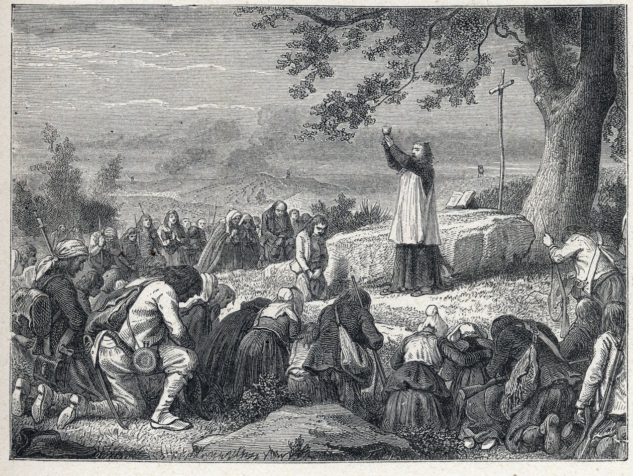Vendee Oorlogen (1793-1796): Priester viert een mis onder een eik voor de opstandige bevolking die gezworen priesters afwijst. Gravure uit 1889. Privécollectie door French School