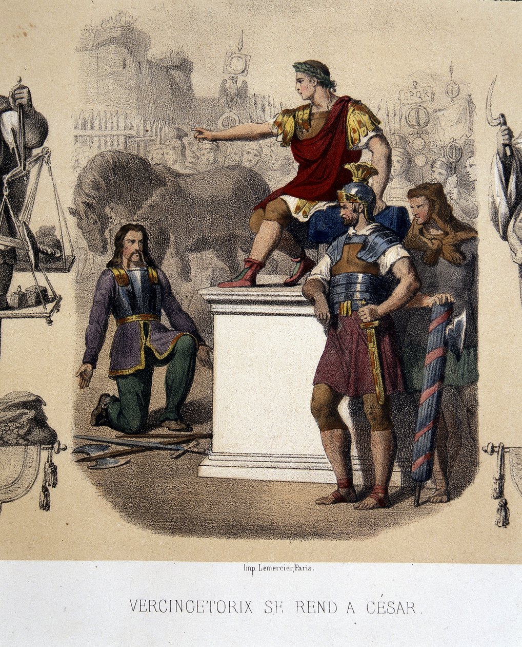Vercingetorix geeft zich over aan Caesar (52 v.Chr.) door French School