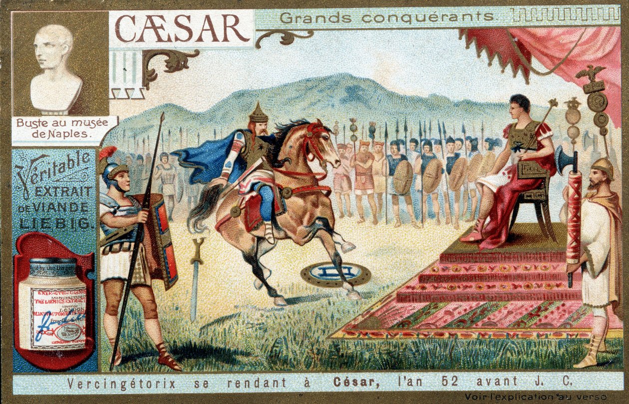 Vercingetorix gaat naar Caesar, in het jaar 52 v.Chr. - Liebig reclame vignette door French School