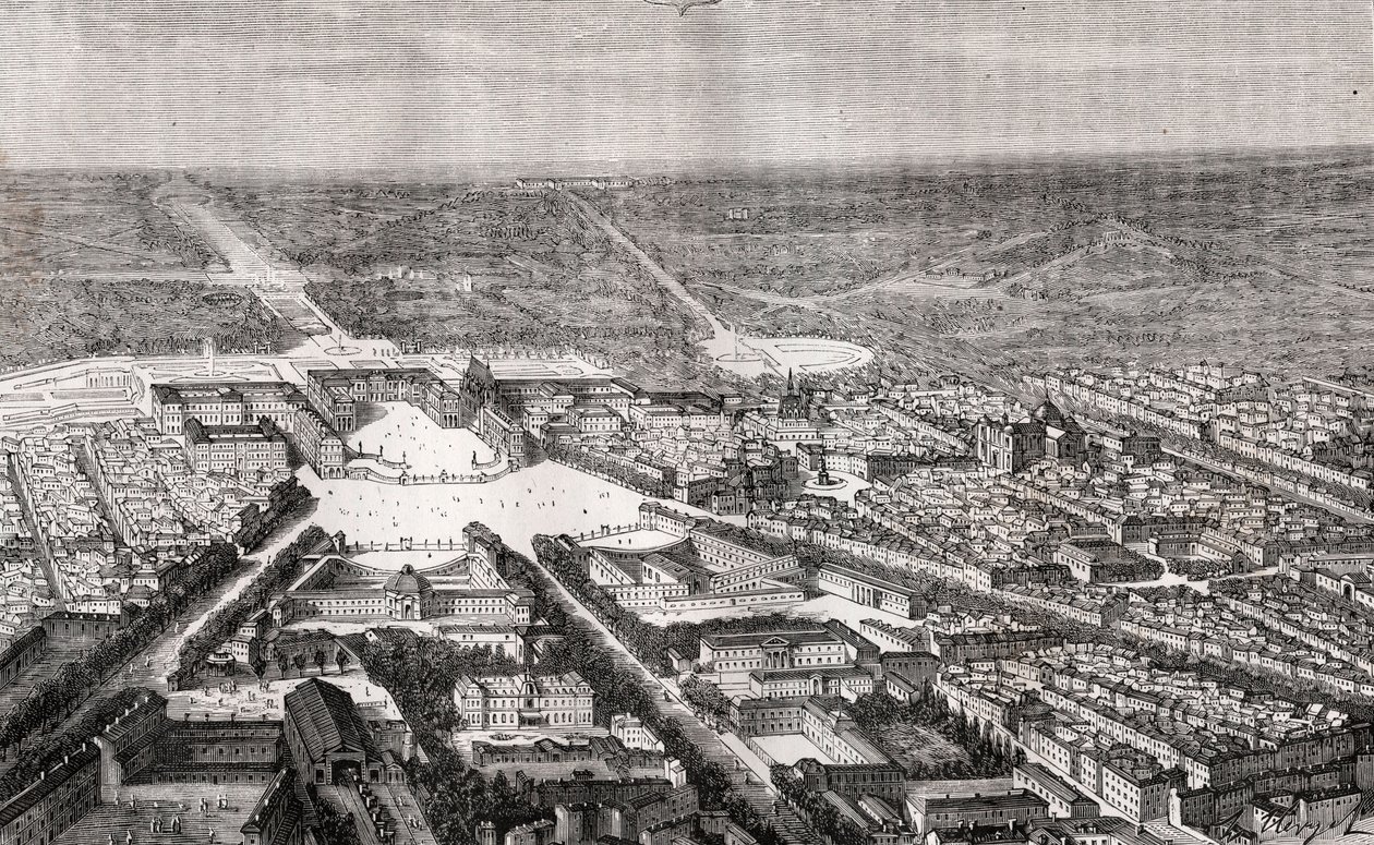 Versailles met zijn kasteel in de 19e eeuw - gravure in 