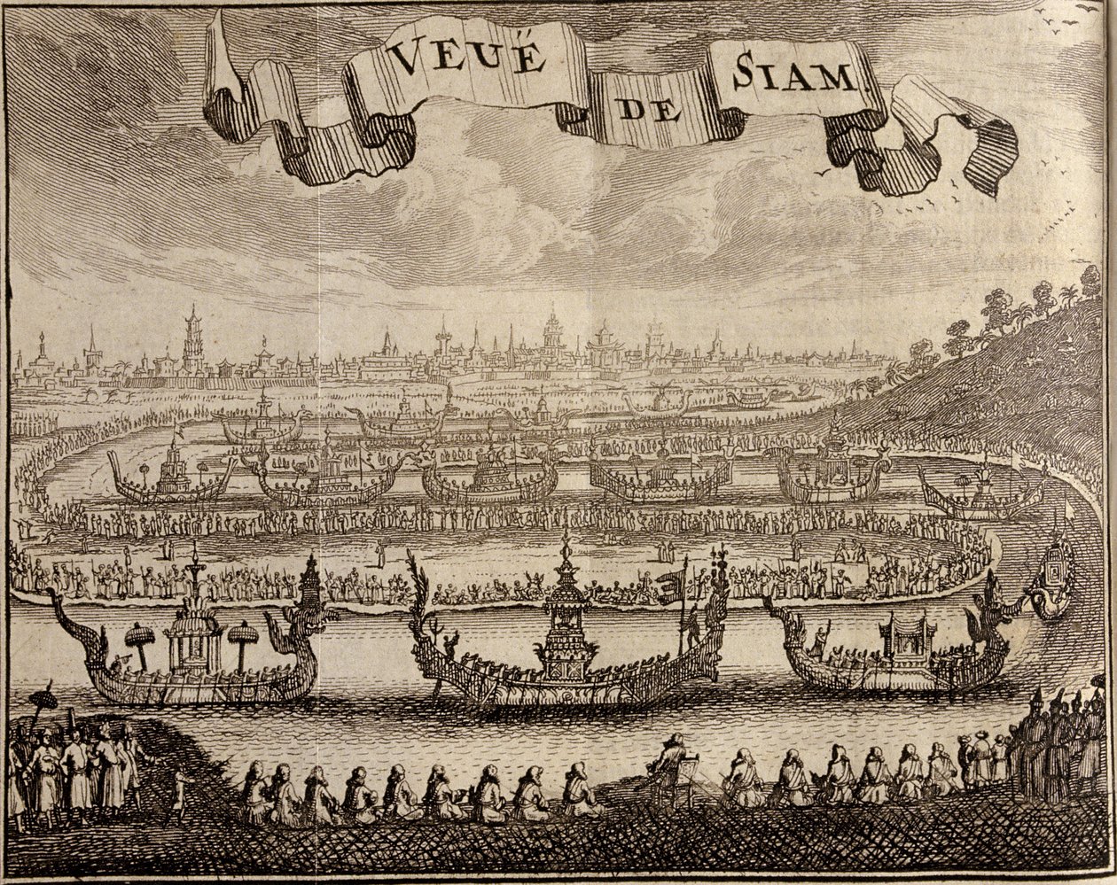 Uitzicht op Ayutthaya met koninklijke pramen, uit Voyage du Siam des Peres Jesuites door Guy Tachard, 1688 door French School
