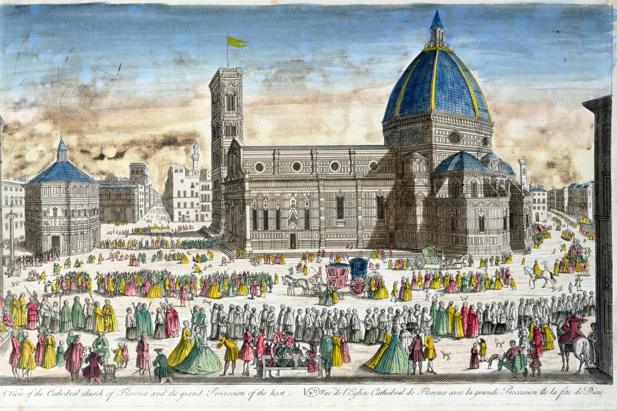Uitzicht op de kathedraal van Florence en de grote processie van het Heilig Sacrament door French School