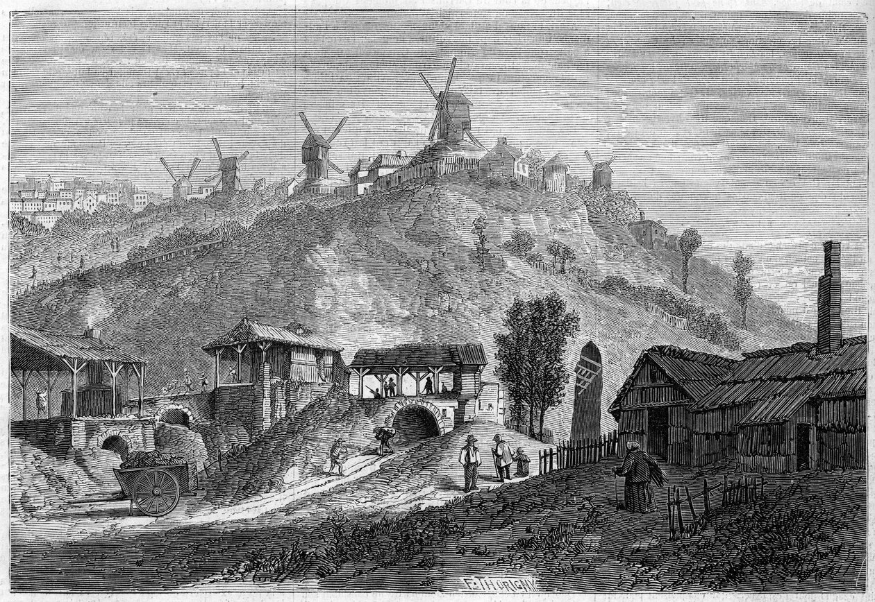 Zicht op Montmartre in 1859, voor de aansluiting bij de stad Parijs in 1860. Zicht genomen vanaf de vlakte Saint Denis. Gravure in 