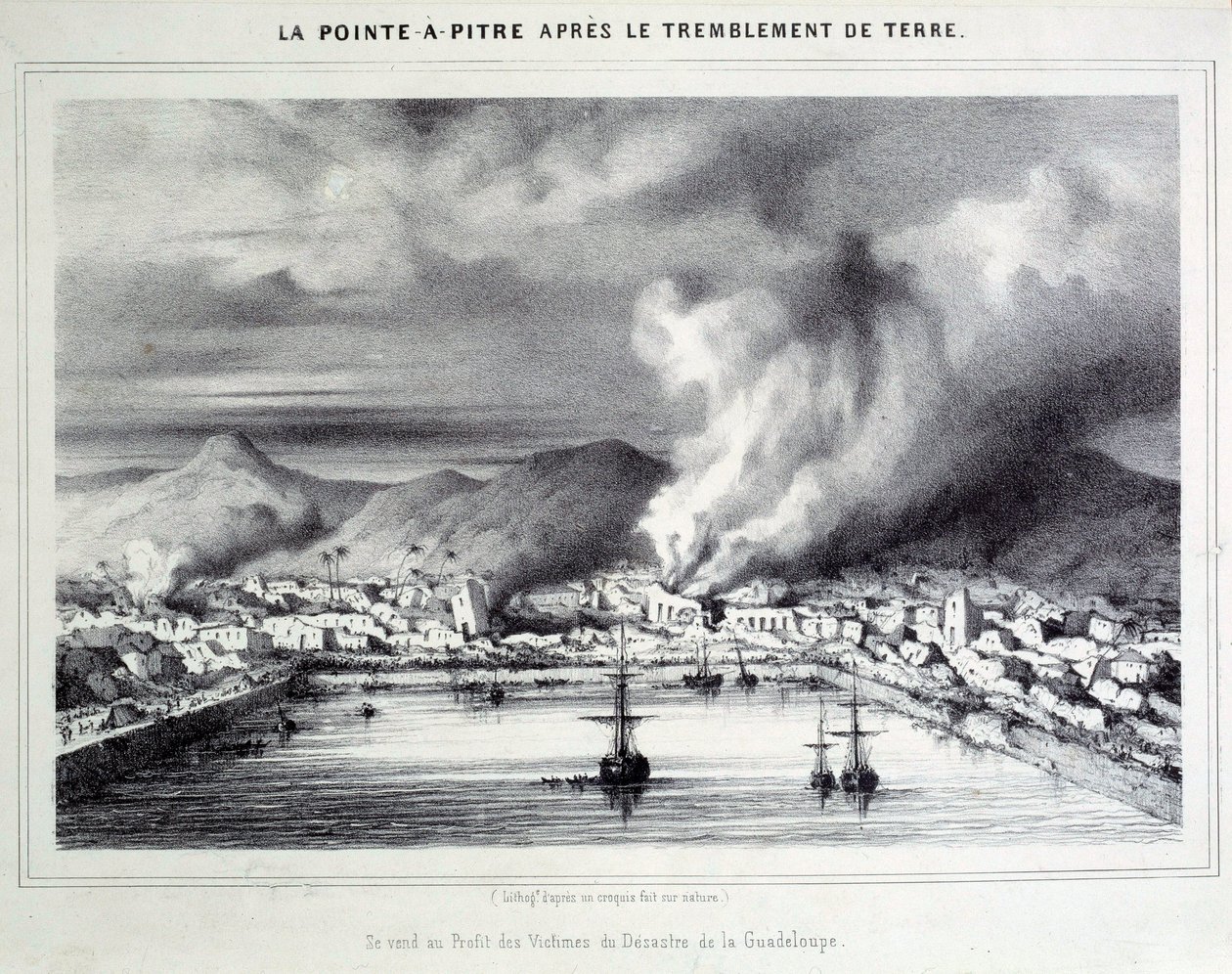 Uitzicht op Pointe a Pitre (Pointe-a-Pitre) na de aardbeving op 8/02/1843. Gravure uit de 19e eeuw Chartres, Musee des Beaux Arts door French School