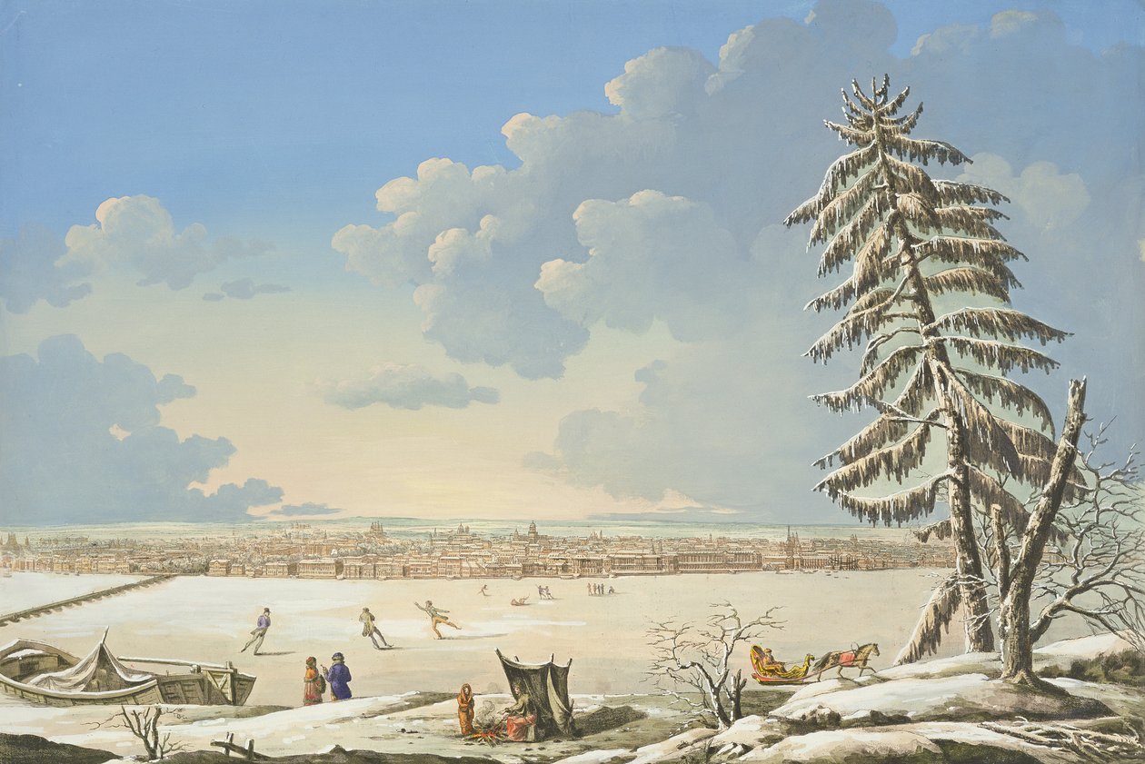 Uitzicht op Sint-Petersburg, gepubliceerd in Parijs ca.1850 (handgekleurde litho) door French School