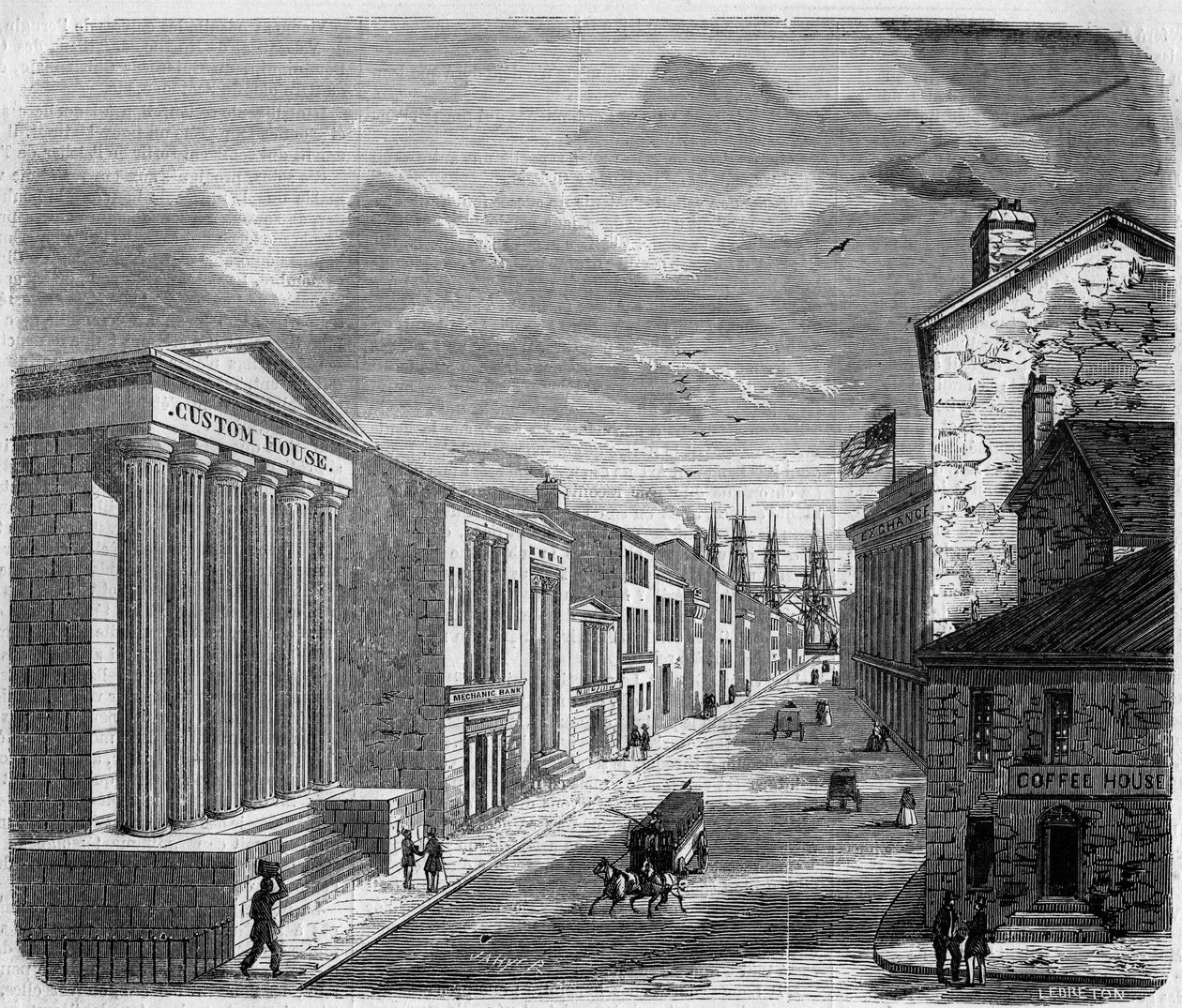 Zicht op Wall Street, het bankdistrict, New York, New York. Verenigde Staten (Verenigde Staten) door French School