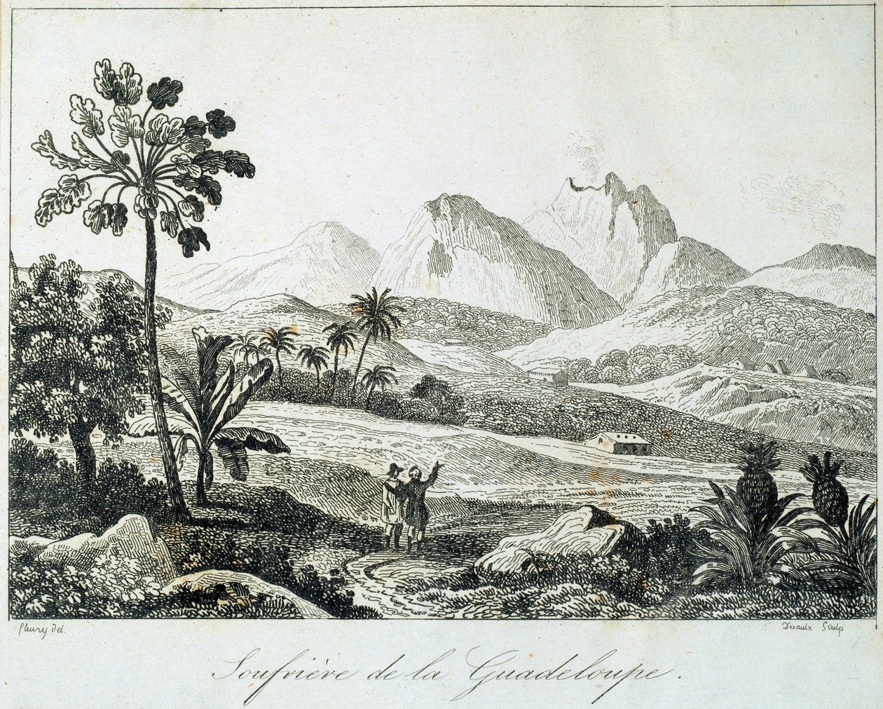 Uitzicht op een soufrière in Guadeloupe. Gravure uit de 19e eeuw. Chartres, Musee des Beaux Arts door French School