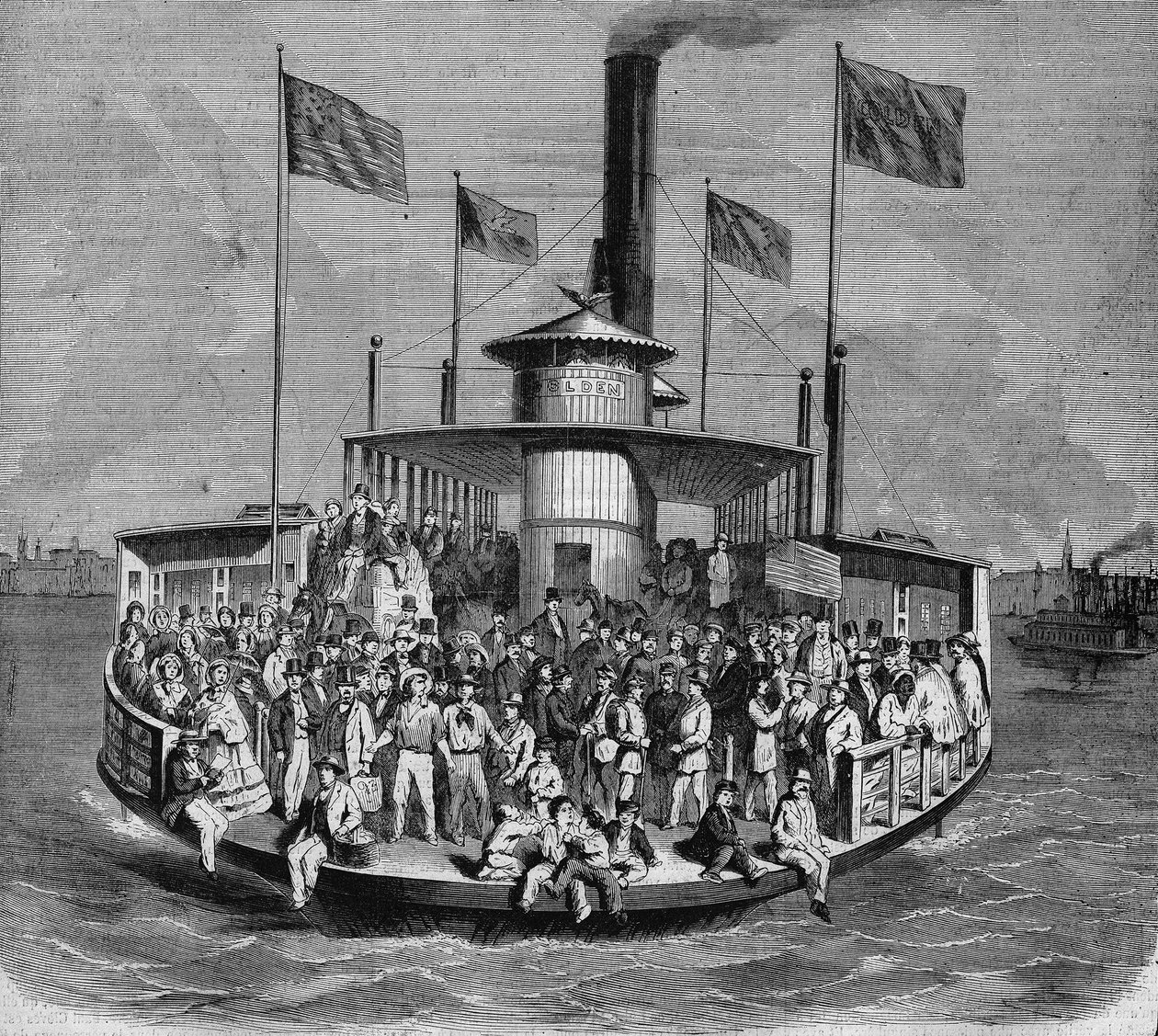 Zicht op een stoomboot die verbindingen maakt tussen de eilanden en de stad New York. Gravure door French School