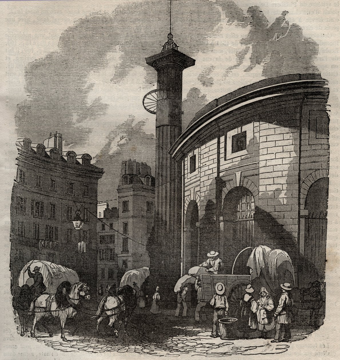 Uitzicht op halle au ble in Parijs (gebouwd in 1763-1769) en de Medici-kolom, gravure begin 19e eeuw - tarwe- en maïswissel in Parijs (gebouwd in 1763-1769), gravure begin 19e eeuw - Uitzicht op de Halle au ble, geplaatst op het huidige Hotel de Sois door French School