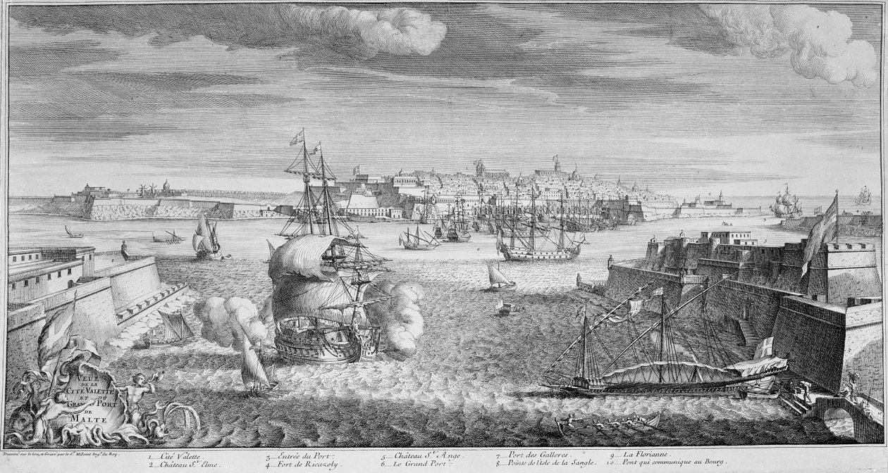 Uitzicht op de stad Valetta, haven van Malta, c.1736 (gravure) door French School