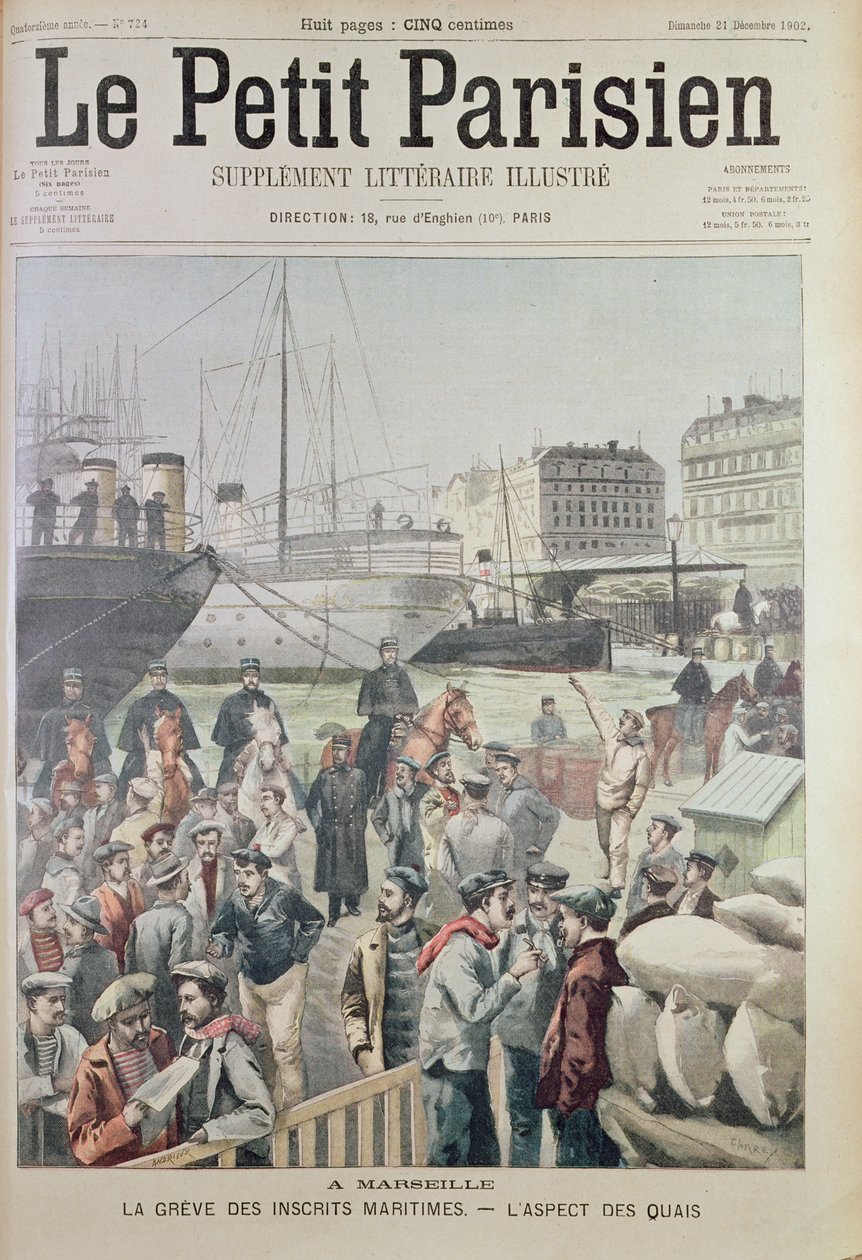 Uitzicht op de dokken in Marseille tijdens de maritieme staking, van de voorpagina van Le Petit Parisien, 21 december 1902 door French School